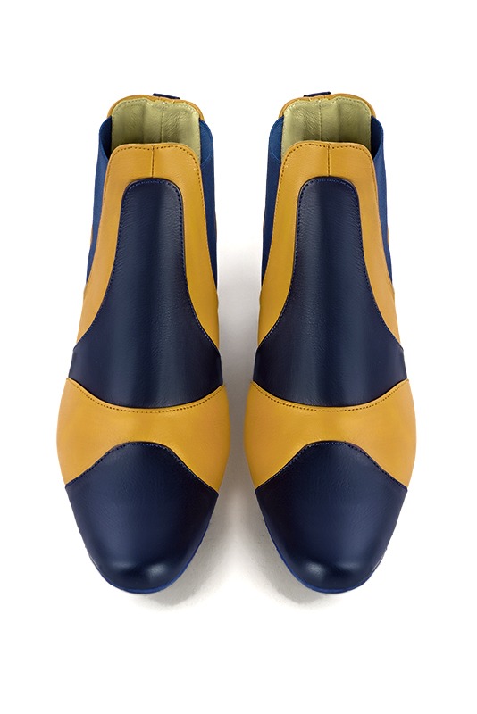 Navy blue and mustard yellow women's ankle boots, with elastics. Round toe. Low flare heels. Top view - Florence KOOIJMAN